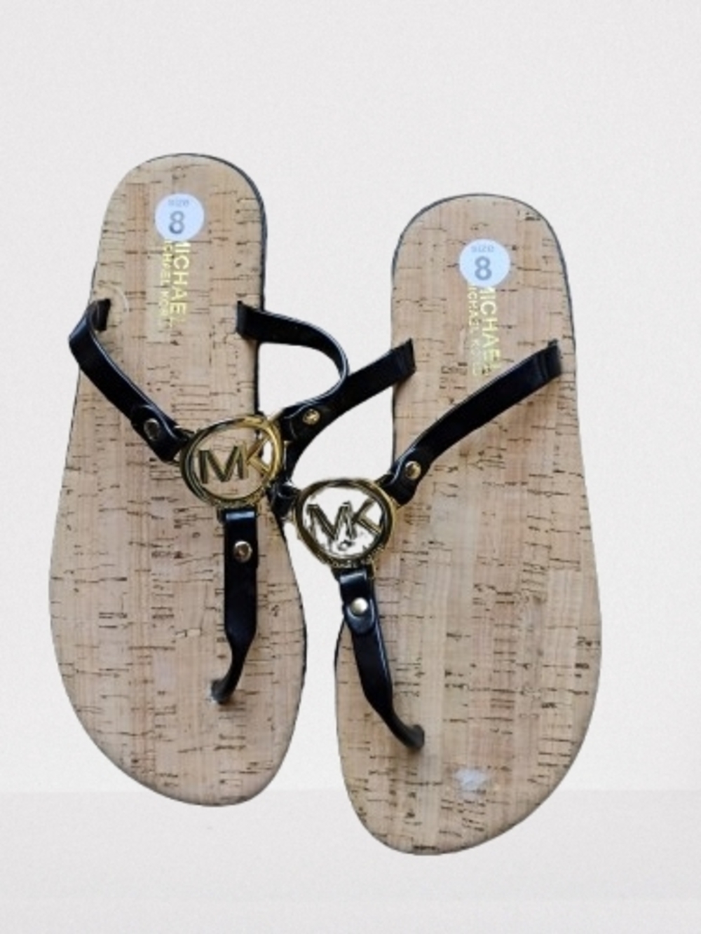 NWT Michael Kors MK Logo Cork Flip Flops Sandals Black Gold Size 8